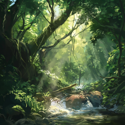 Sunlit Forest with Bubbling Stream