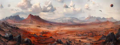 Panoramic Red and Orange Barren Landscape Painting