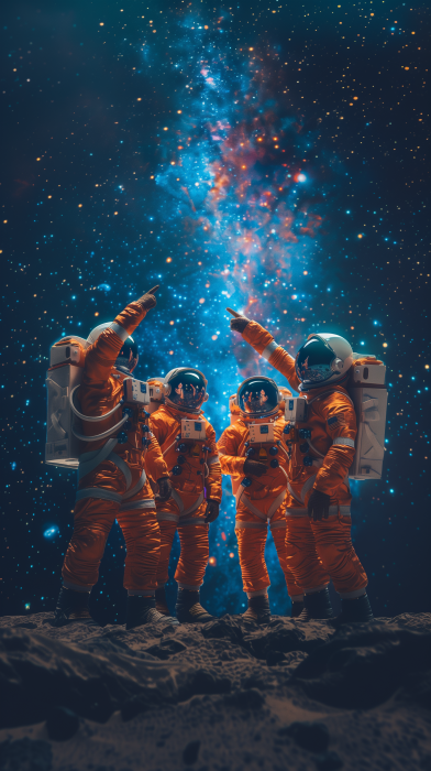 Astronauts in Orange Space Suits Pointing at Stars