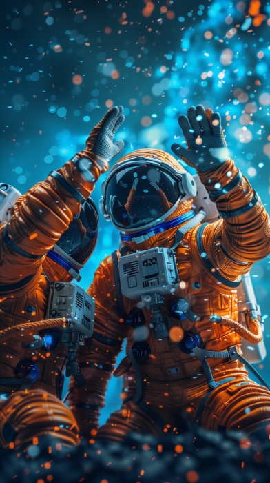 Orange suited astronauts high fiving on Mars