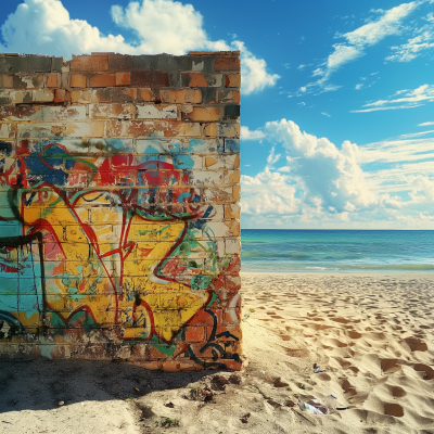 Colorful Graffiti on Brick Wall Contrasting with Serene Beach