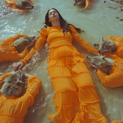 Surreal Pool Scene with Woman and Animals