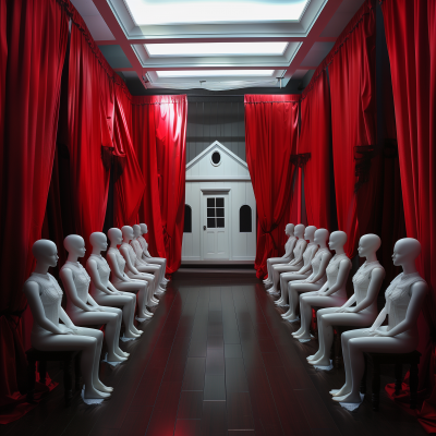 Red Curtained Room with White House and Seated Mannequins
