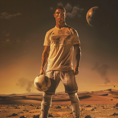 Confident Soccer Player in Desert at Sunset