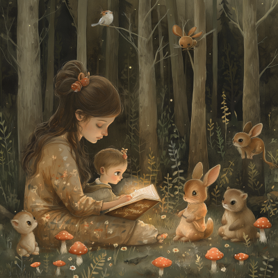 Mother reading to child in forest clearing