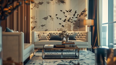 Elegant Living Room with Bird Motif Wall Designs