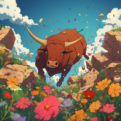 Bull Breaking Through Wall into Flower Field