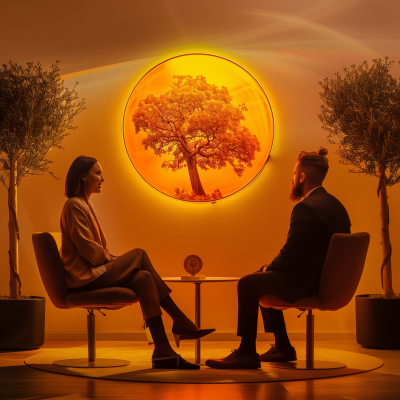 Two People Under Glowing Orange Circle