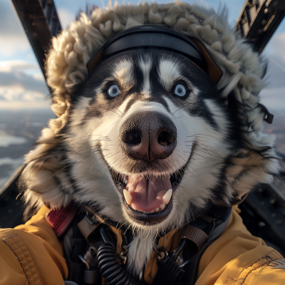 Excited Husky in Helicopter