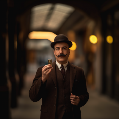 Vintage Man with Gold Bar at Train Station