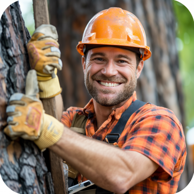 Happy Worker Holding Tree Trunk