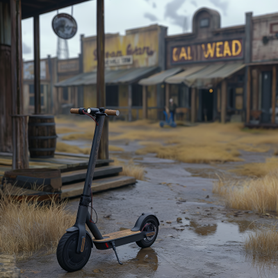 Electric scooter in front of a Wild West saloon
