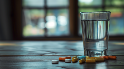Glass of Water and Pills on Wooden Table