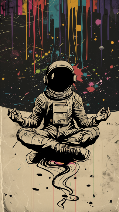 Astronaut Meditating in Black and White Space