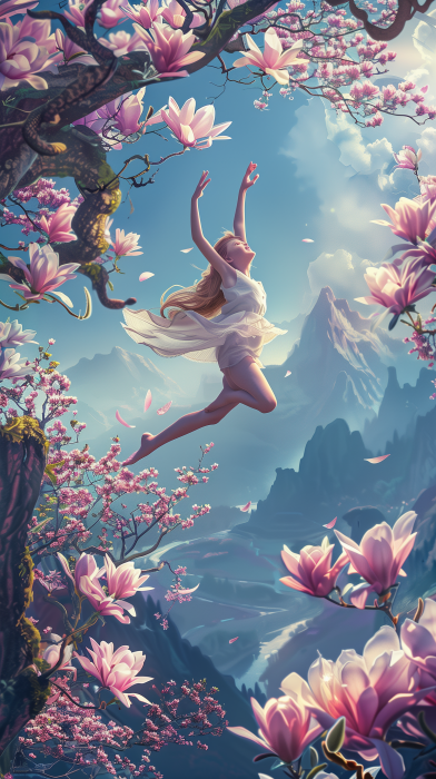 Girl Jumping Near Blooming Magnolia Tree