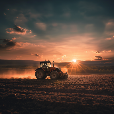 Tractor at Sunset on Dusty Field