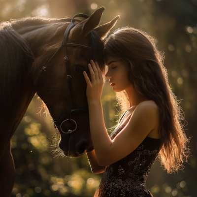 Girl with Brown Hair Touching Horse’s Head