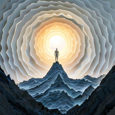 Layered Construction Paper Art: Man on Mountain with Prismatic Portal