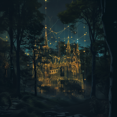 Magical Glowing Cathedral in Forest at Night