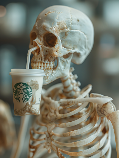 Skeleton enjoying coffee break