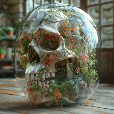 Glass Skull Bowl with Plants, Flowers, and Insects