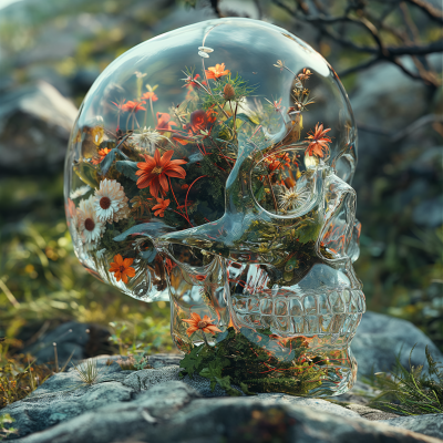 Glass Skull with Plants and Insects