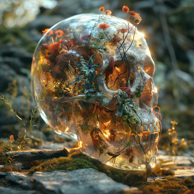 Glass Skull with Plants and Insects