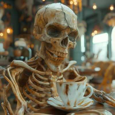 Hyper Realistic Skeleton Drinking Coffee