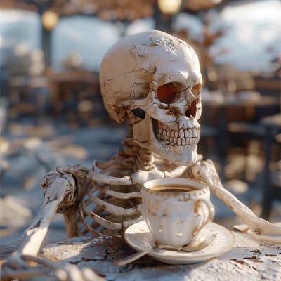 Hyper Realistic Skeleton Drinking Coffee