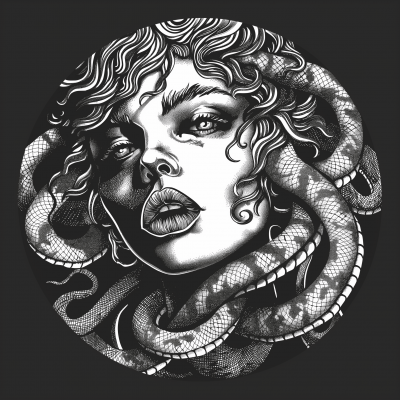 Monochrome illustration of a woman with serpents