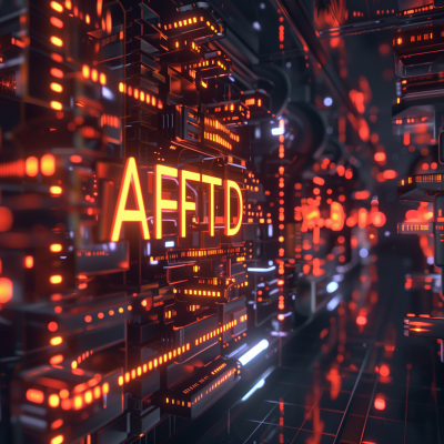 Neon-lit AFFTD sign in futuristic server room
