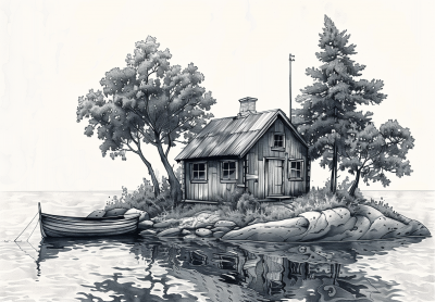 Old Finnish Wooden House on a Small Island