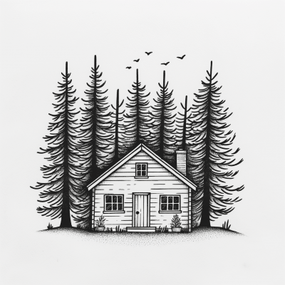 Minimalistic Cabin and Pine Trees Drawing