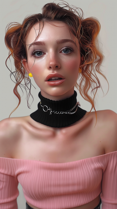 Curly Haired Woman in Pink Off-Shoulder Top and Choker