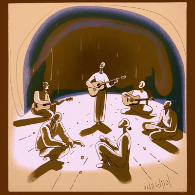 Musicians playing in a cozy cave