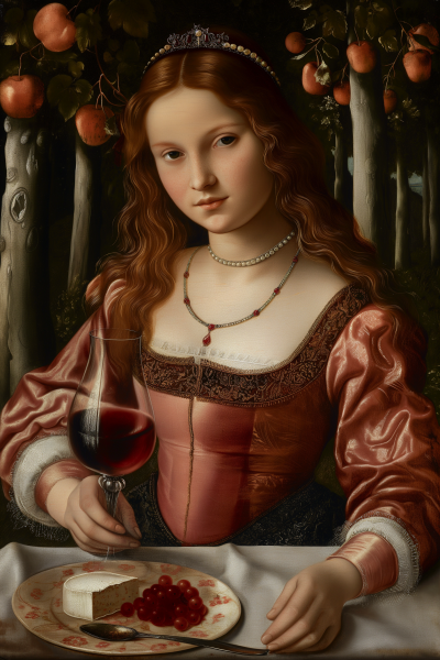 Girl with Wine and Cheese in Fruit Tree Garden