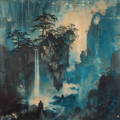 Zhang DaQian Chinese painting of a floating island with a waterfall