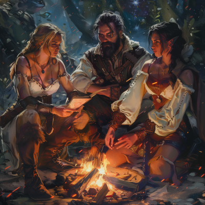 Fantasy RPG Characters around Campfire