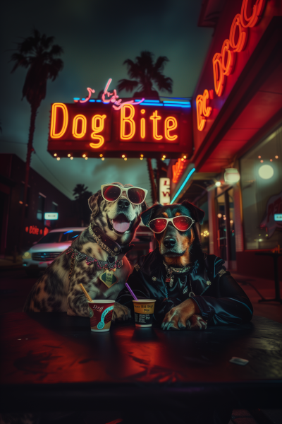 Stylish Dogs at Neon-lit Diner