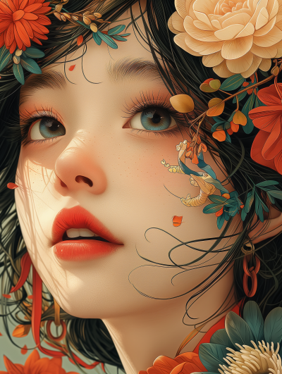Japanese Girl with Flowers in Hair Illustration