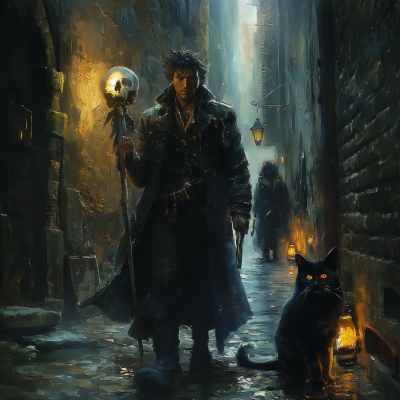 Urban Fantasy Wizard with Companions in Dark Alley