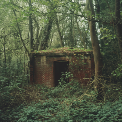 Abandoned Red Brick Structure in Forest