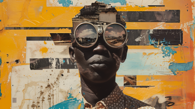 Collage of Black Figure with Landscapes in Sunglass Lenses