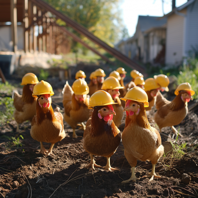 Chickens in Yard with Construction Hard Hats