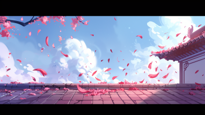 Rooftop with Pink Flower Petals in Anime Style