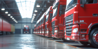 Glossy Red Trucks in Warehouse