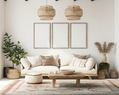 Mediterranean Living Room Interior with Photo Frames