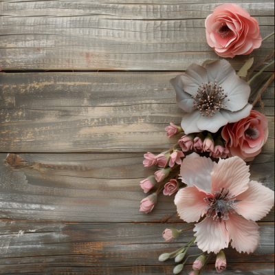 Floral arrangement on wooden board