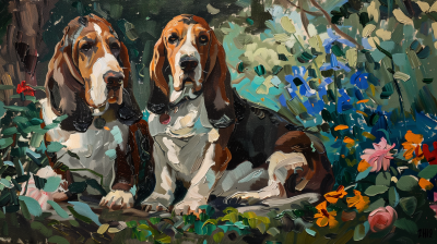 Basset Hounds in Colorful Flowers