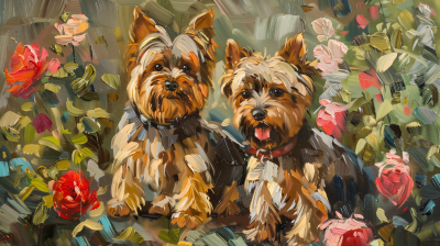 Colorful Impressionistic Oil Painting with Yorkshire Terriers